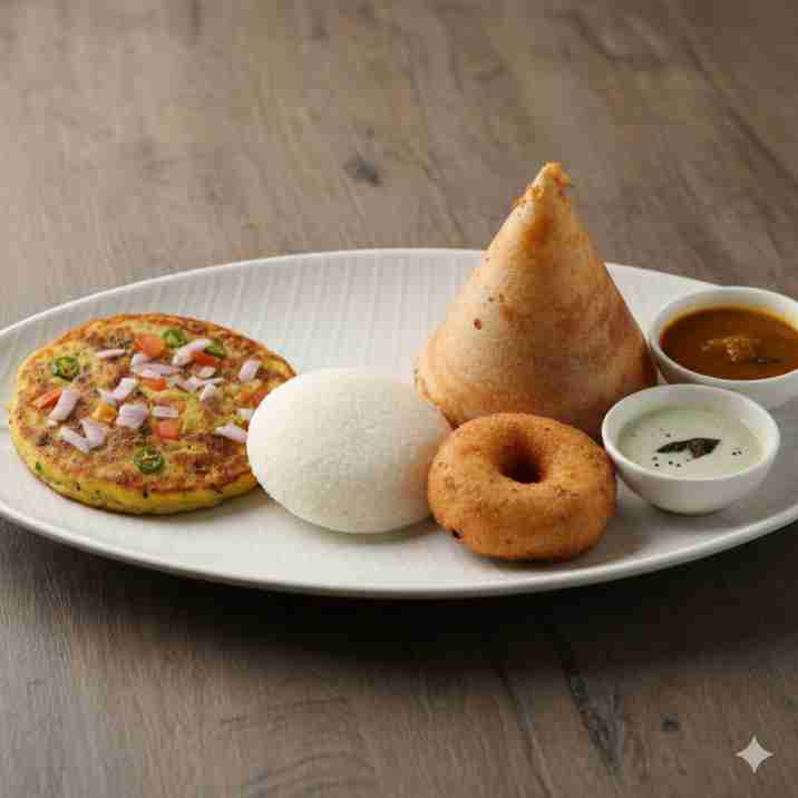 1 Pc Idli, 1 Pc Vada, Mini Masala Dosa, Mini Uttapam
